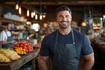 Fototapeta premium Smiling chef stands in a rustic grocery store preparing fresh ingredients in the afternoon light