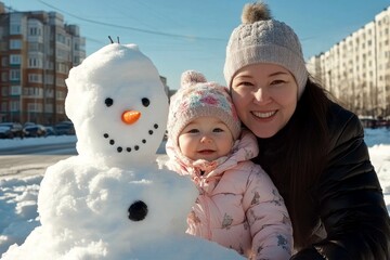 Icy sports for happy family: makes a snowy friend together. Outs