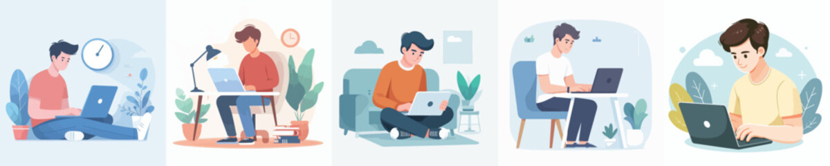 vector young man playing laptop

