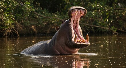 Fototapeta premium Hippo yawning in calm waters of a river at sunset 