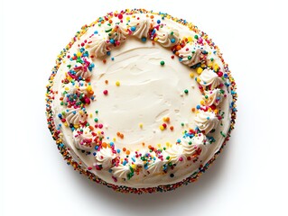 Celebration Cake with Sprinkles and Creamy Frosting on White Background