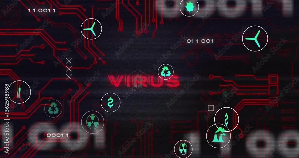 Poster animation of red virus warning text with digital circuit patterns and hazard symbols