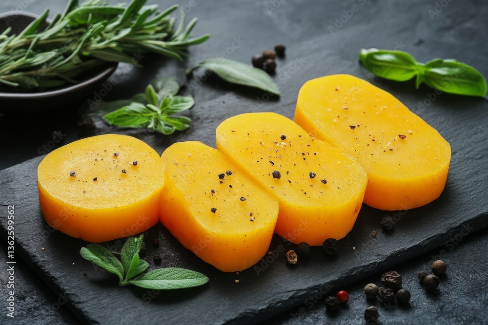 Poster Slices of vibrant yellow squash on a slate board with fresh herbs and spices arranged for culinary presentation