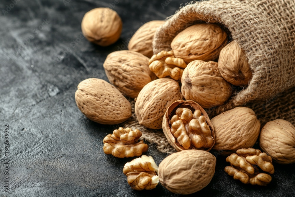 Poster walnuts spill from a burlap sack on a dark surface, highlighting their natural textures and colors
