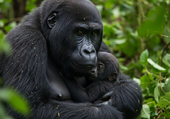 Fototapeta premium Heartwarming Bond Between Gorilla Mother and Baby in a Serene Jungle Setting