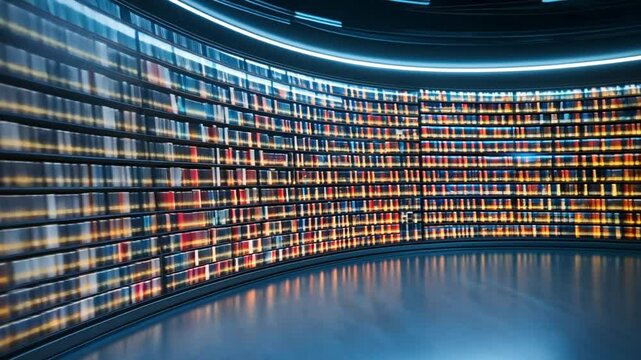 Cyber Library's Embrace: An futuristic library of knowledge, where rows of books stand elegantly. The soft glow hints at the wonders held within, beckoning the curious.