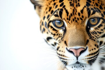 Naklejka premium Close-up Jaguar Portrait Focuses on Striking Eyes and Distinctive Spotted Pattern