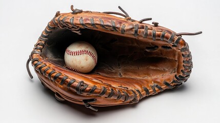 A baseball catcher's glove angled for depth, displaying a perfectly placed baseball, on a seamless white surface
