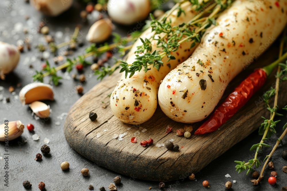 Poster fresh garlic cloves and herbs arranged on a rustic wooden board with spices and chilies for a flavor