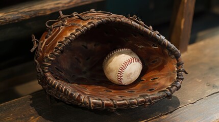 A beautifully textured catcher's mitt, dark laces contrasting with the soft white baseball inside