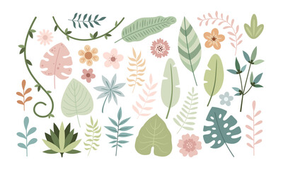 Jungle clipart set with leaves, flowers, branches. Tropical plants elements. Simple cartoon hand drawn vector illustration