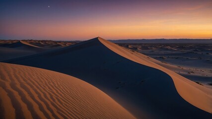 Serene desert landscape at sunset, showcasing dunes and a tranquil sky.
