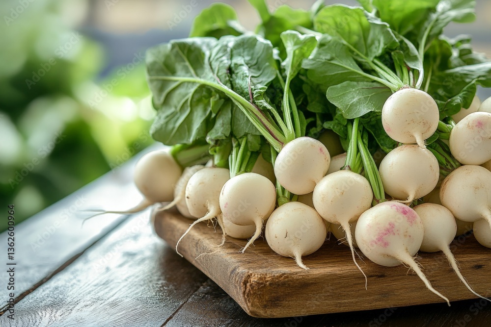 Aufkleber Fresh white turnips with greens displayed on a wooden board in a rustic kitchen setting during daylight