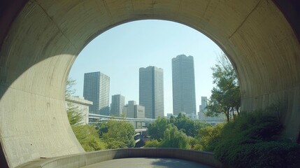 Naklejka premium Urban Oasis: A Cityscape Framed by Concrete and Greenery