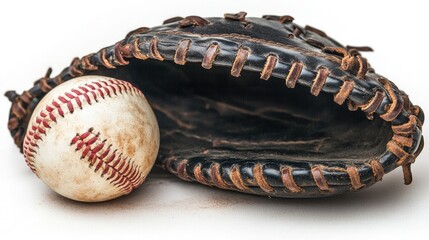 Fototapeta premium A black leather catcher's mitt gripping a bright white baseball, set against a seamless white background