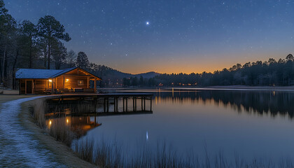 Fototapeta premium Lakeside cabin at dusk Starry sky reflected on tranquil water