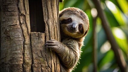 Fototapeta premium A sloth peeking from a tree trunk in a lush, green environment.