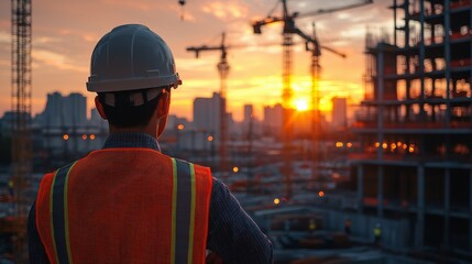 Obraz premium Construction engineer contemplating cityscape at vibrant sunset vista background