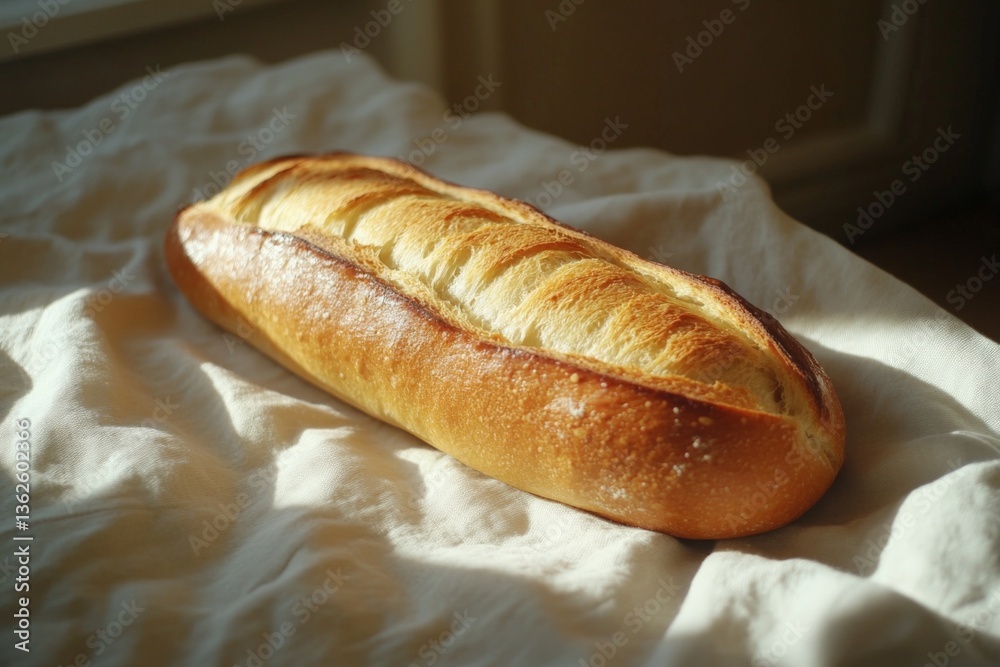 Poster freshly baked crusty bread loaf resting on a fabric surface with soft lighting enhancing its golden 