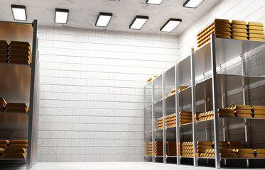 The gold bars are on the shelves of the warehouse. Investments in gold concept