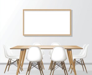 Minimalist white chairs and wooden table with blank whiteboard.