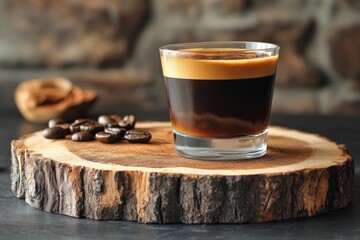 Rich espresso served on a wooden slice with roasted coffee beans in a cozy setting