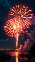 Dazzling fireworks light up the darkening sky with shimmering gold colors, gold fireworks, fireworks in sky