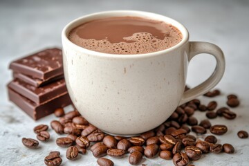 Fototapeta premium Rich hot chocolate served in a creamy cup with chocolate and coffee beans on a textured surface