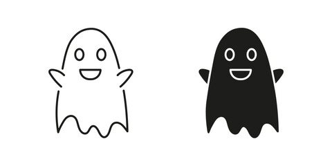 Friendly Ghost Line and Silhouette Icon Set. Playful Smiling Spirit Symbol. Editable Stroke. Isolated Vector Illustration