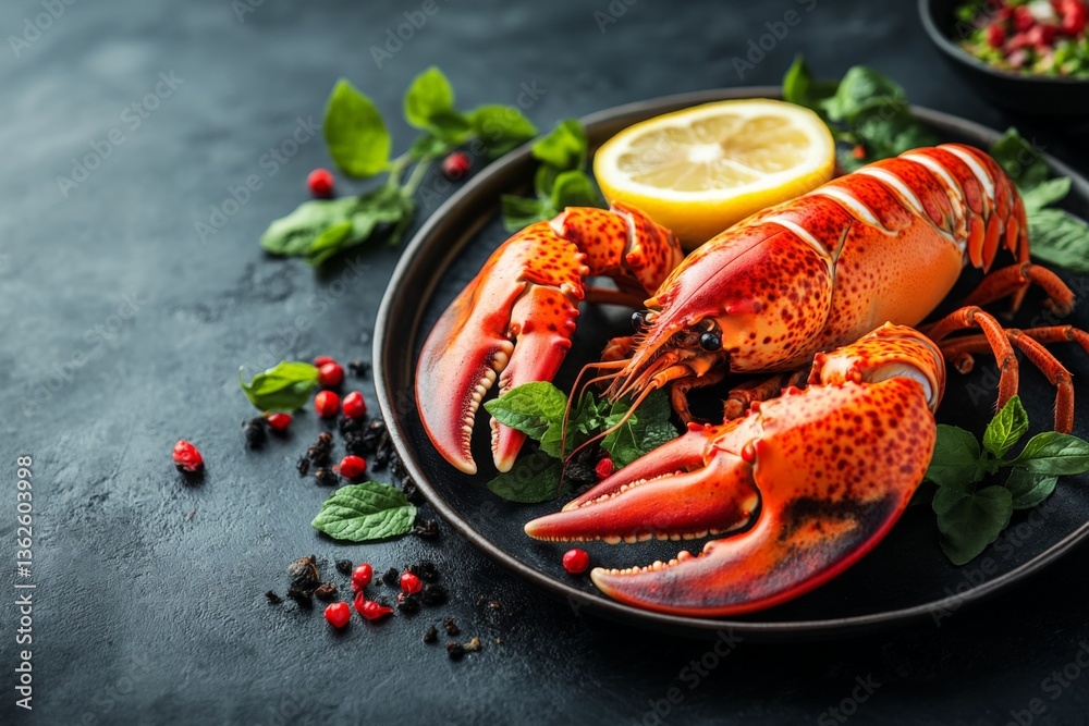 Aufkleber lobster presented on a black plate with fresh herbs and lemon slices in an elegant dining setup