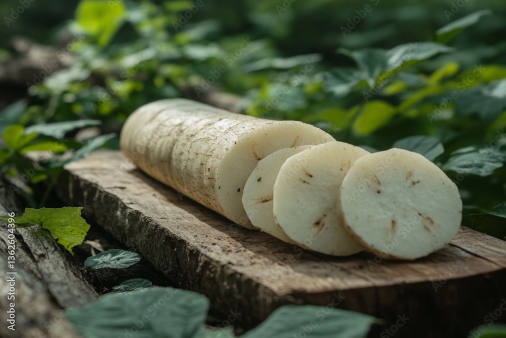 Poster freshly sliced root vegetable displayed on a wooden board surrounded by lush greenery in the forest