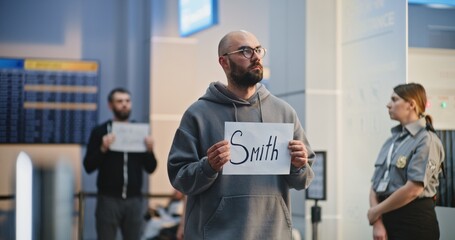 Transportation Service in International Airport Terminal: Airport Driver Holding Greeting Name Sign, Meeting Passengers From Plane Flight for Business Transfer. Diverse People Walking. Medium Shot.