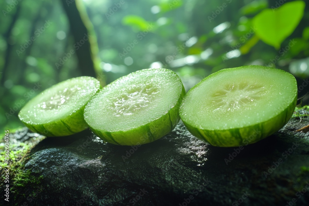 Poster Slices of fresh cucumber resting on a moss-covered rock in a lush forest setting