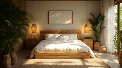 Elegant bedroom with white walls wooden bed and soft natural lighting creating a peaceful vibe 3D rendering illustration