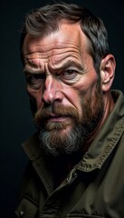 Obraz premium Intense portrait of rugged individual with furrowed brow and clenched jaw, aggressive facial expression, intense gaze