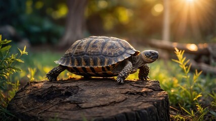Obraz premium A tortoise on a log in a sunlit forest setting, showcasing nature's beauty.