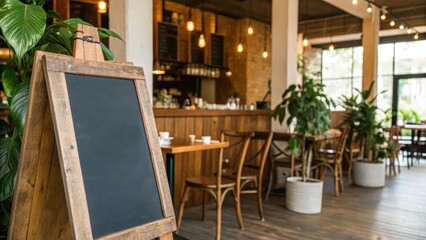 Cozy restaurant interior with wooden furniture and plants.
