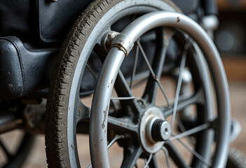 Obraz premium Wheelchair Wheel Detail Showing Wear and Use in Indoor Environment 
