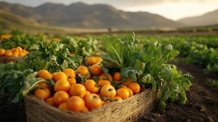 Showcasing a beautiful harvest, this image features a basket filled with vibrant orange tomatoes set against a picturesque backdrop of lush green crops and rolling hills.