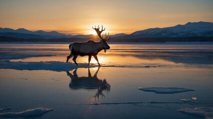 A reindeer walking on ice at sunset, reflecting nature's beauty and tranquility.