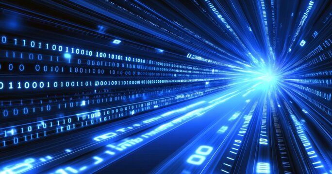 Abstract blue background with glowing lines and binary code, a vector illustration of data flow in a technology concept on a dark blue backdrop