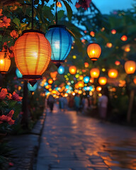 Lanterns illuminate a stone path lined with greenery and blurred figures at dusk