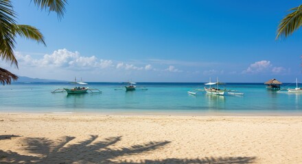 Fototapeta premium Coastal view with boats at a tranquil beach location 