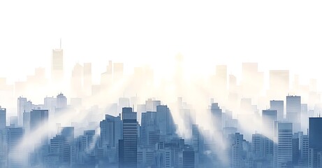 Aerial view of an apocalyptic cityscape, with skyscrapers shrouded in mist and sun rays filtering through the clouds