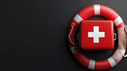 first aid kit placed on lifebuoy, symbolizing safety and emergency preparedness. vibrant red colors evoke sense of urgency and care, ideal for health and safety themes