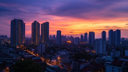 Fototapeta premium Cityscape sunset twilight urban skyline buildings night