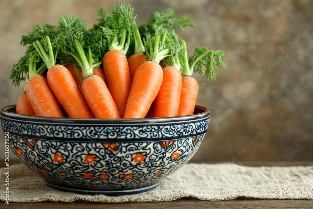 Poster freshly harvested carrots arranged in an ornate bowl on a rustic table