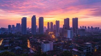 Obraz premium Cityscape sunrise, hazy skyline, urban development, Asia