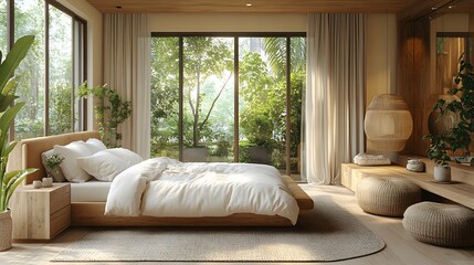 Soft neutral bedroom with wooden bedside tables cozy warm bedding and large windows 3D rendering illustration