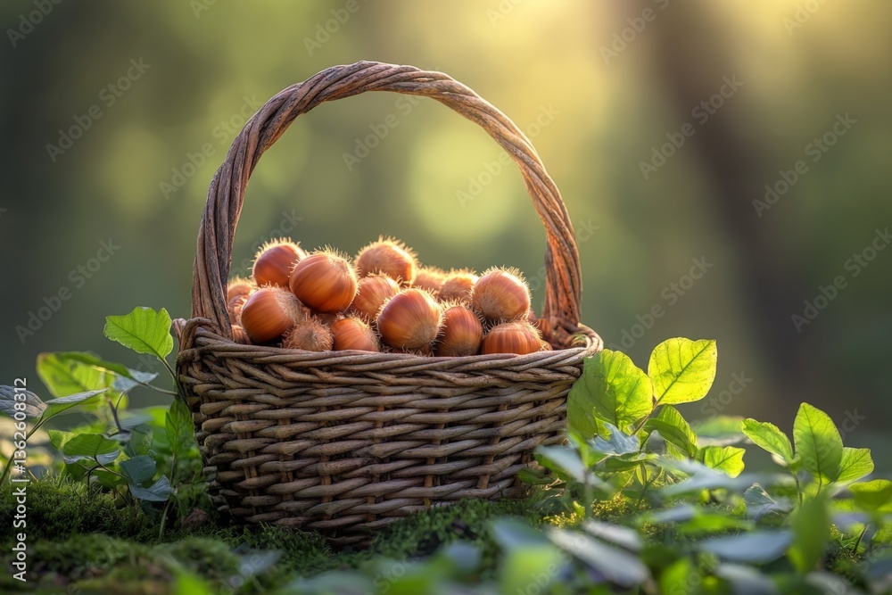 Poster Freshly gathered hazelnuts in a rustic basket resting on moss in a serene forest setting during golden hour